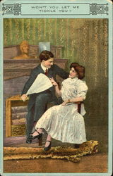 Man fanning and wooing a girl sitting Postcard