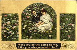 Couple seated in a field of flowers Postcard