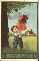 Boy helping girl reach an apple on a tree Children Postcard Postcard