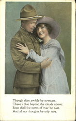 Man in uniform and woman in grey embracing Postcard