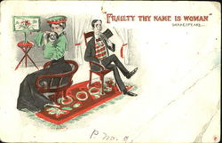 Man with top hat looking at woman with small dog Postcard