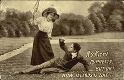 Woman with arm raised to strike man on ground with parasol Couples Postcard Postcard