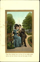 Man and Woman on park bench Couples Postcard Postcard