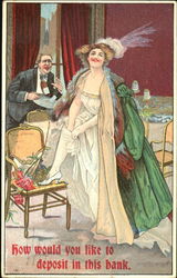 Woman putting something in her boot while drunk man watches Comic Postcard Postcard