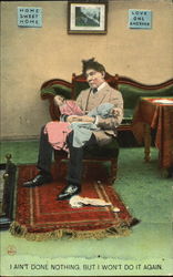 Man sitting in chair with two crying babies Postcard