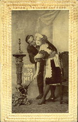 Man Trying to Kiss French Maid Postcard