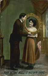 Man Looking Through Mirror at Woman's Face Couples Postcard Postcard