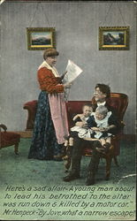 Beleaguered man with two children and woman reading newspaper Postcard Postcard