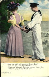 Young sailor and woman in purple Couples Postcard Postcard