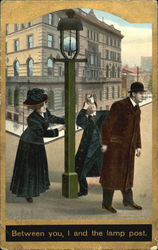 Two men and a woman on street corner Postcard