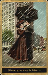 Man standing in rain with girl under a broken umbrella Postcard