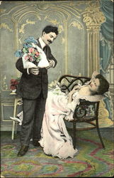 Gentleman Presenting Flowers to Reclining Woman Couples Postcard Postcard