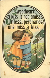 Cartoon of a boy kissing a girl Postcard