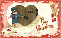 Child policeman holding key, heart shaped door Postcard