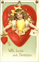 A Girl with a Valentine and a Heart Postcard