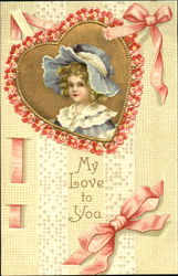 Little girl in blue bonnet framed in a flowered heart Children Postcard Postcard