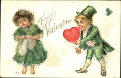 A leprechaun presents a heart to a female leprechaun Postcard