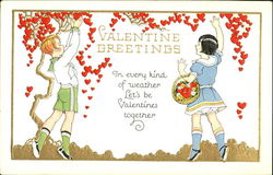 Boy and girl pick hearts from vine Postcard