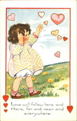 Girl in yellow dress chasing heart bubbles Children Postcard Postcard