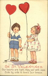 Little Girl and Boy Holding Red Heart Shaped Balloons Postcard