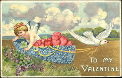 Dove Pullina Cupid in a Boat Filled With Hearts Postcard