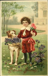 Boy dressed in red with dog carrying flowers Postcard