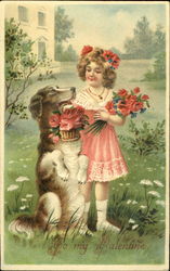 Girl with sitting dog holding flowers Postcard