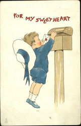 Little boy in blue mailing a Valentine card Postcard