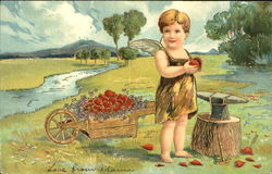 Cupid with wheelbarrow full of hearts Postcard