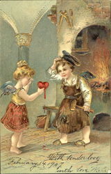 Cupid offering her bleeding heart to another angel Postcard