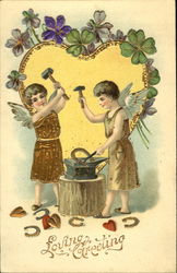 Two Cupids forging horseshoes Postcard