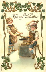 To blacksmith children working an arrow on an anvil Postcard