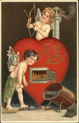 Cupids Tending a Fire in a Heart Postcard Postcard