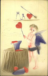 Boy cupid pulling out hearts from an anvil Postcard