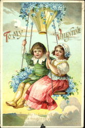 Child couple on flower bedraped swing Postcard