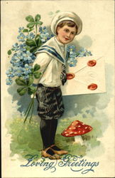 Boy in hat holding flowers and card standing by a mush room Postcard