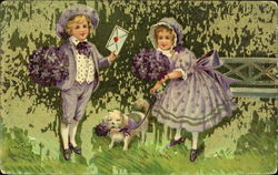 Old fashioned little boy and girl with posies Postcard