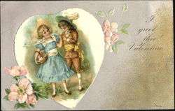 Dressed up children, girl carrying basket of flowers Postcard