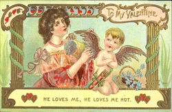 Pretty woman with kneeling Cupid and basket of flowers Postcard Postcard