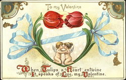 Heart of tulips with cupid couple Postcard