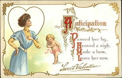 Woman in Blue Dress with Bowing Cupid Postcard