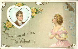 A woman with hands on heart looking longingly at a man in a heart Postcard