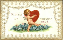 Cupid in front of a heart playing a flute Postcard Postcard