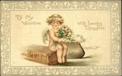 Cupid with flowers sittting on a trunk with a bag Postcard