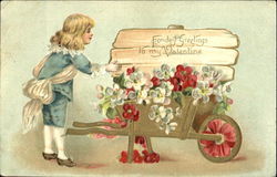 Young boy with Wheelbarrow of Flowers Postcard