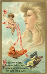 Cupid with butterflies and woman's face Postcard