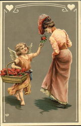 Girl with winds holding basket of flowers, giving flower to woman Fantasy Postcard Postcard