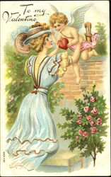 Cupid giving a heart to a pretty young woman Postcard