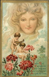 Woman Overlooking Cupids with Red Carnations Postcard