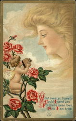 Cupid in a roses takes a picture of a girl whose face is in the clouds Postcard Postcard